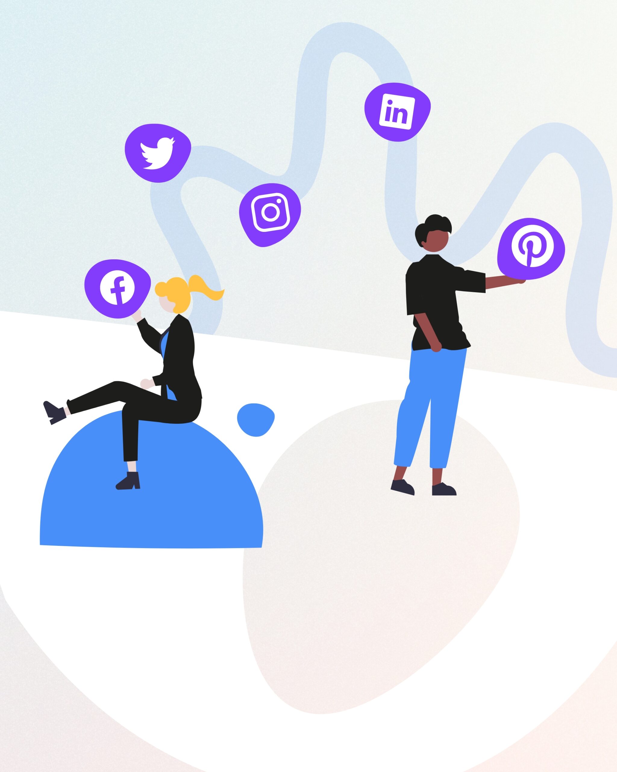 Two people on a blue ball with social media icons, representing the theme of accessible marketing in social media.