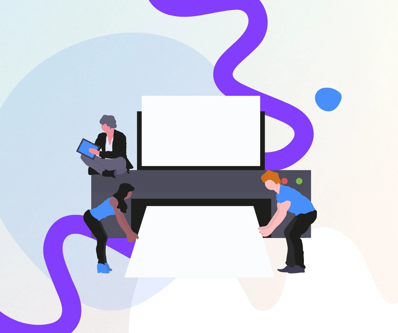 People working with a printer and screen, showcasing graphic design and print for an accessibility blog.