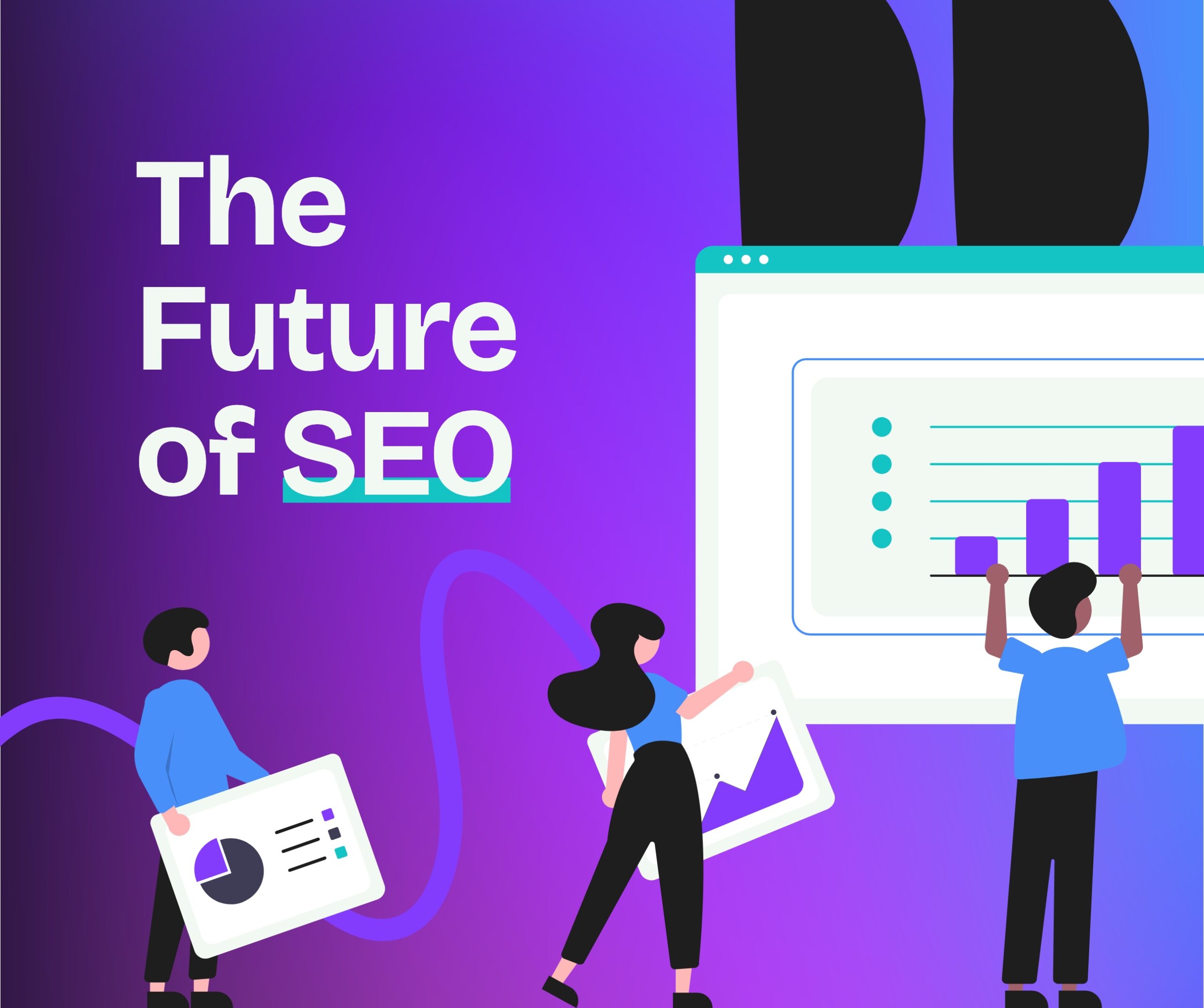 Individuals engaged in data analysis against a purple backdrop, symbolising the evolving landscape of SEO.