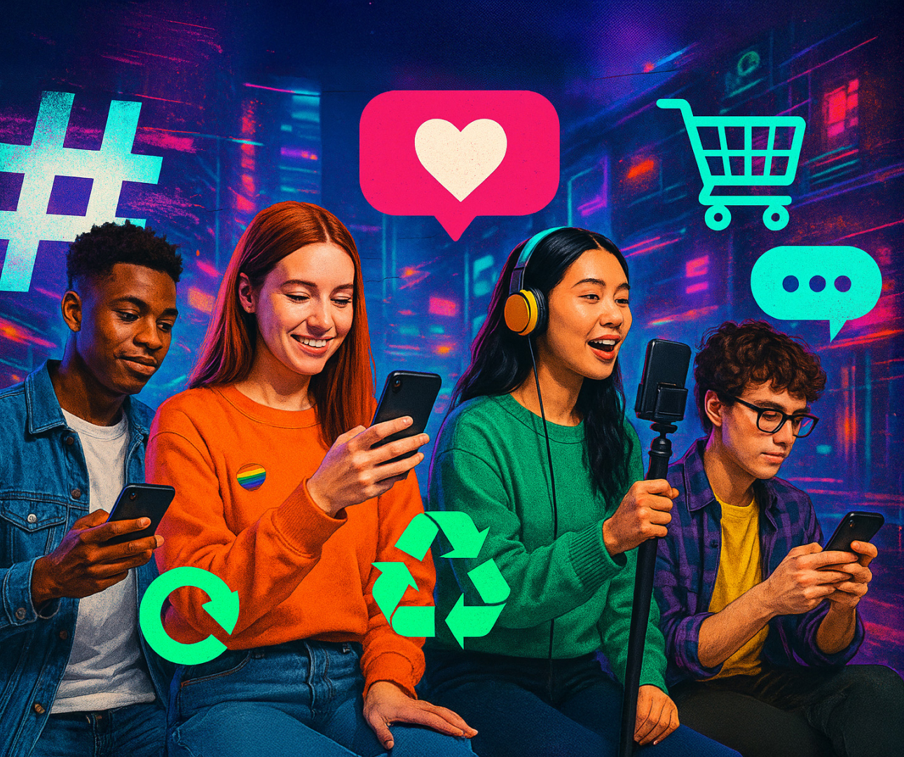 Four young people using their phones, surrounded by social media icons like a shopping cart and hashtags in the background.