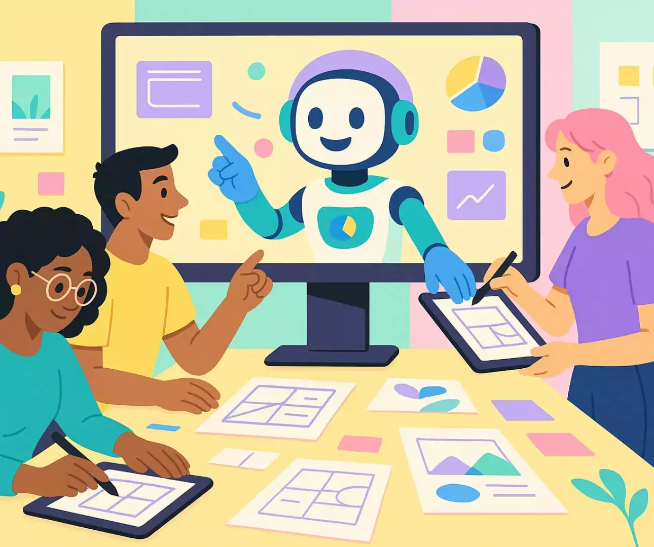 A colourful illustration of three people around a table, engaging with a screen displaying a robot, discussing AI's benefits.