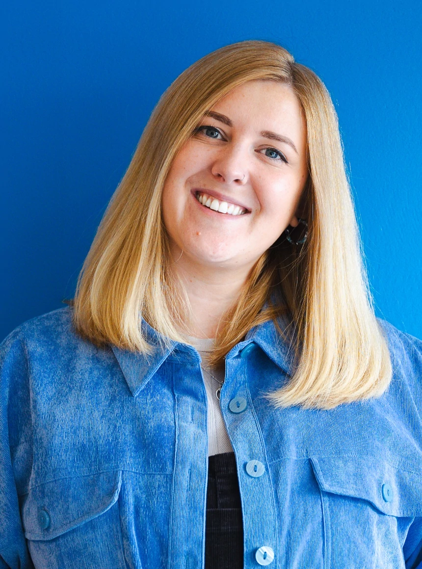 Claire Ibbott on a blue background.
