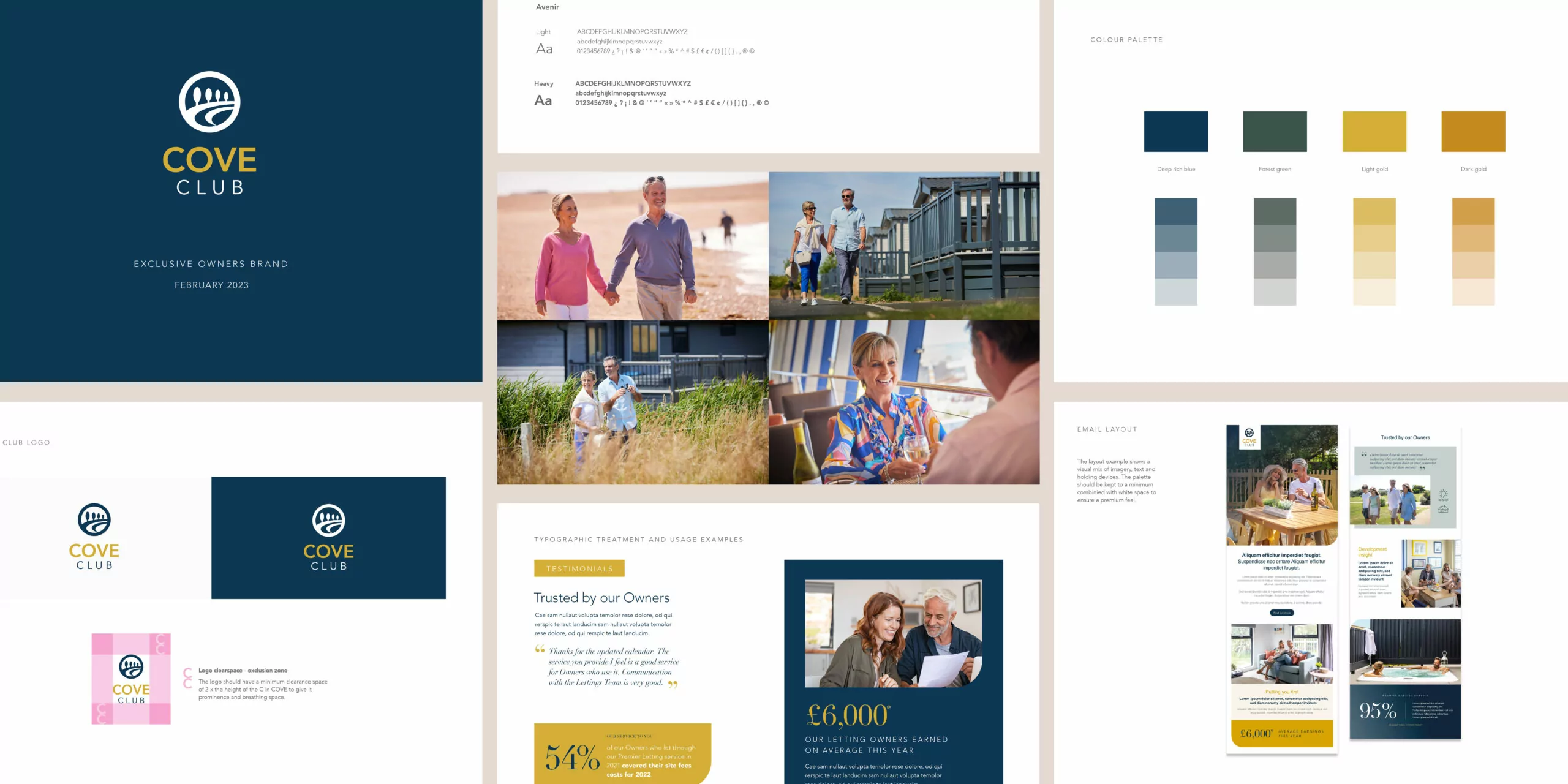 Cove Club brand identity presentation, showcasing its exclusive owners’ brand elements. The layout includes the Cove Club logo in different variations, a defined color palette featuring deep rich blue, forest green, light gold, and dark gold, and typography specifications using the Avenir font. The presentation also displays lifestyle imagery of mature couples enjoying beach walks, outdoor activities, and dining experiences. Additionally, there are sections highlighting testimonials, email layout examples, and key statistics about owner benefits.