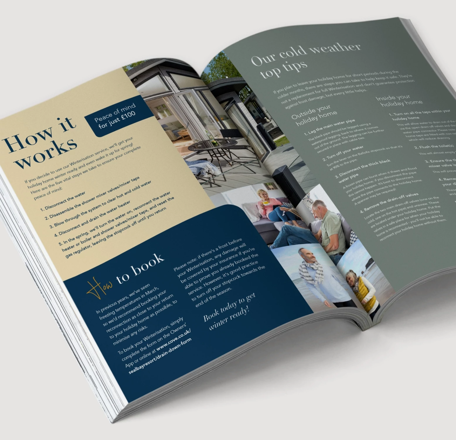 Open magazine spread featuring a guide on winterizing holiday homes. The left page, with a beige background, is titled ‘How it works’ and provides step-by-step instructions for winter preparation, highlighting a ‘Peace of mind for just £100’ offer. Below, a navy blue section titled ‘How to book’ explains the reservation process. The right page, with a muted gray background, offers ‘Our cold weather top tips’ divided into ‘Outside your holiday home’ and ‘Inside your holiday home’ sections. The spread is complemented by cozy images of people enjoying holiday homes and outdoor settings.
