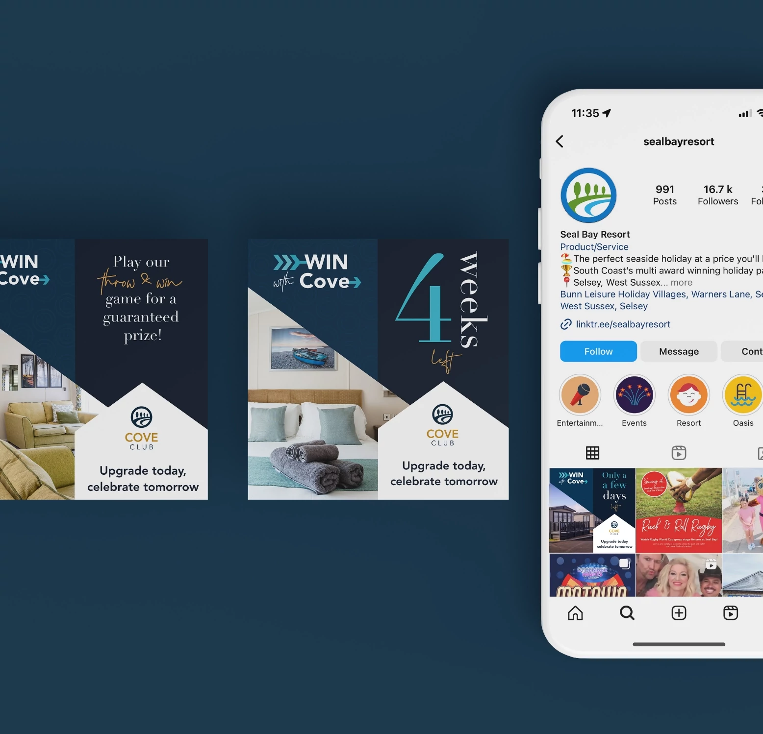 Digital promotional materials for ‘WIN with Cove’ at Cove Club, featuring two social media ads and an Instagram profile. The first ad promotes a ‘throw & win’ game for a guaranteed prize, while the second highlights ‘4 weeks left’ to participate in the upgrade program. Both ads showcase stylish holiday home interiors with a dark blue and gold color scheme. The Instagram profile for Seal Bay Resort is displayed on a smartphone screen, showing their branding, follower count, and content highlights related to resort activities and promotions.