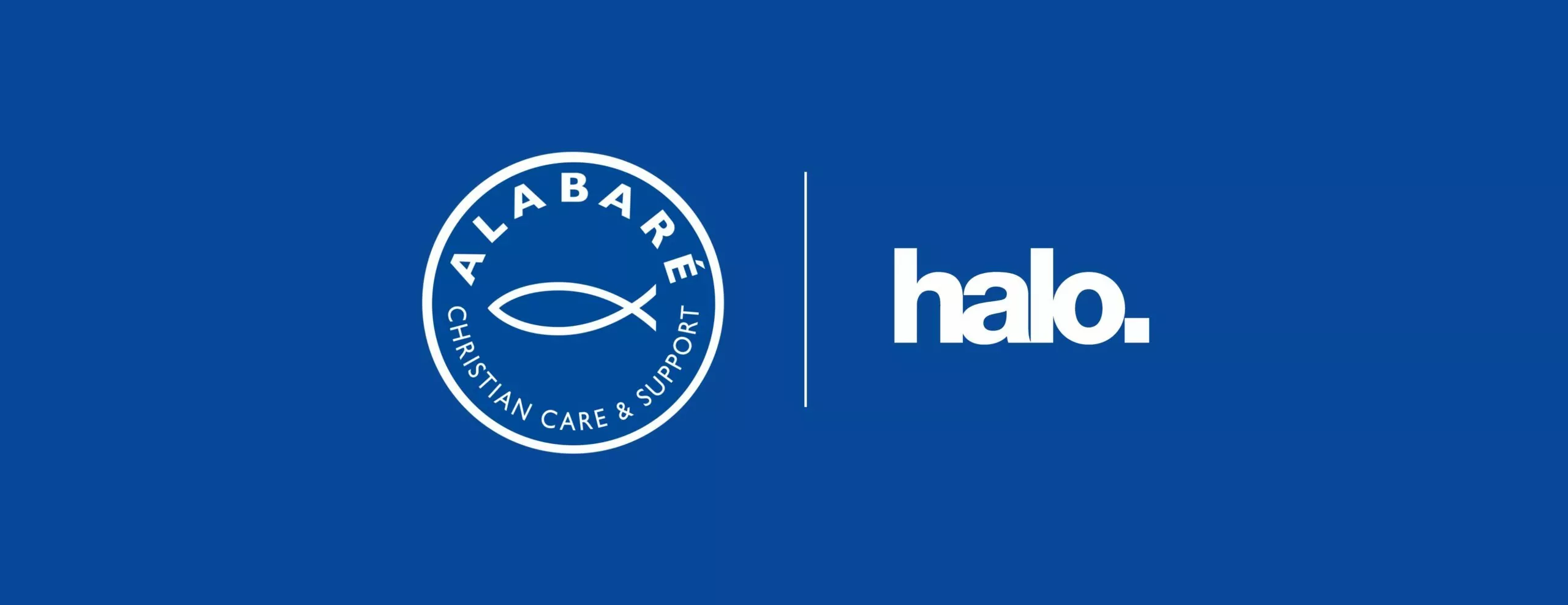 A blue banner featuring the logos of Alabaré and Halo. The Alabaré logo includes a stylized Christian fish symbol with the words 'Christian Care & Support' encircling it. The Halo logo is in bold lowercase white text with a period at the end. The two logos are separated by a vertical line, indicating a partnership.