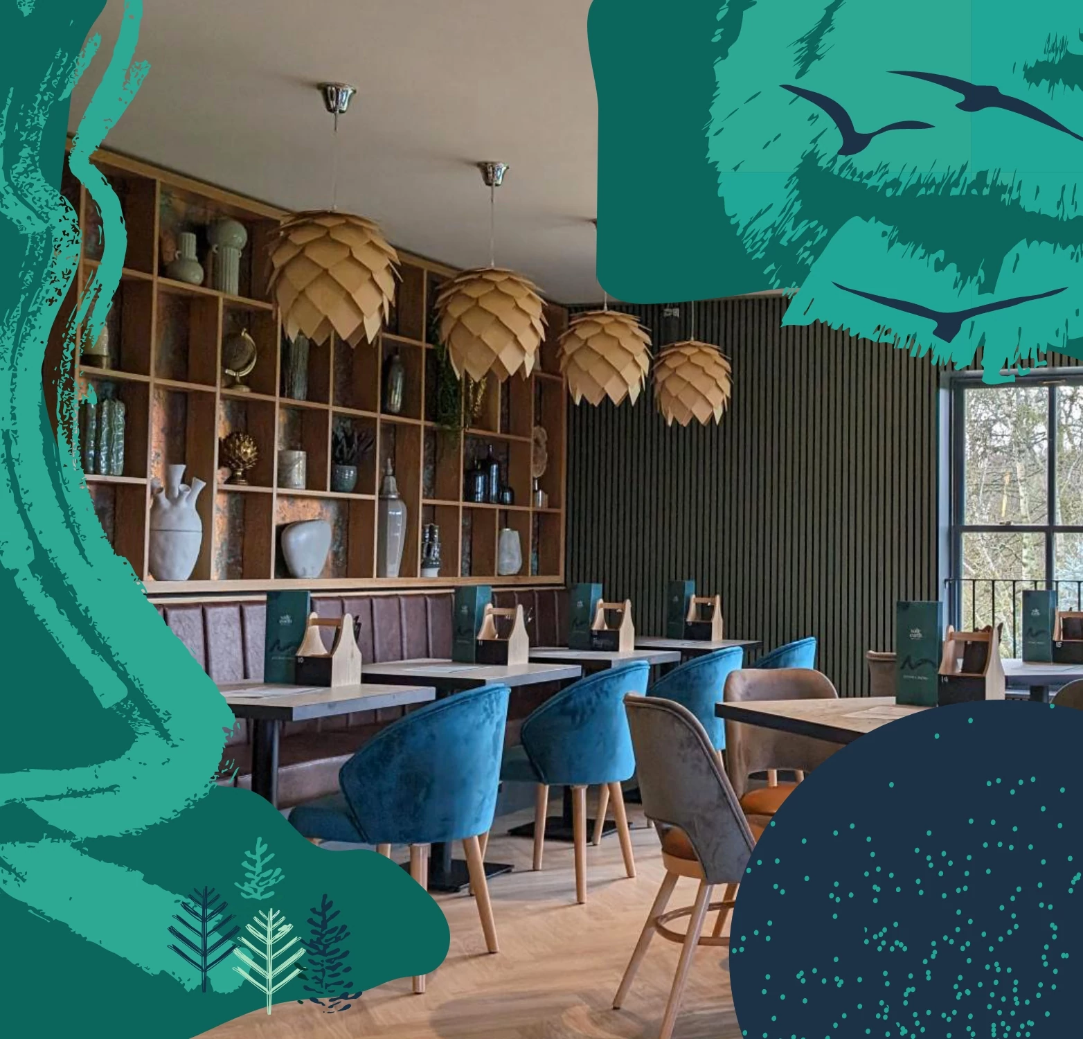 A beautifully designed restaurant interior featuring modern decor, plush blue velvet chairs, and wooden tables. The space is illuminated by unique, nature-inspired pendant lights resembling pine cones, and a large window provides natural lighting. Decorative shelving filled with vases and greenery enhances the cozy and inviting ambiance. Abstract graphic elements overlay the image, adding an artistic touch.