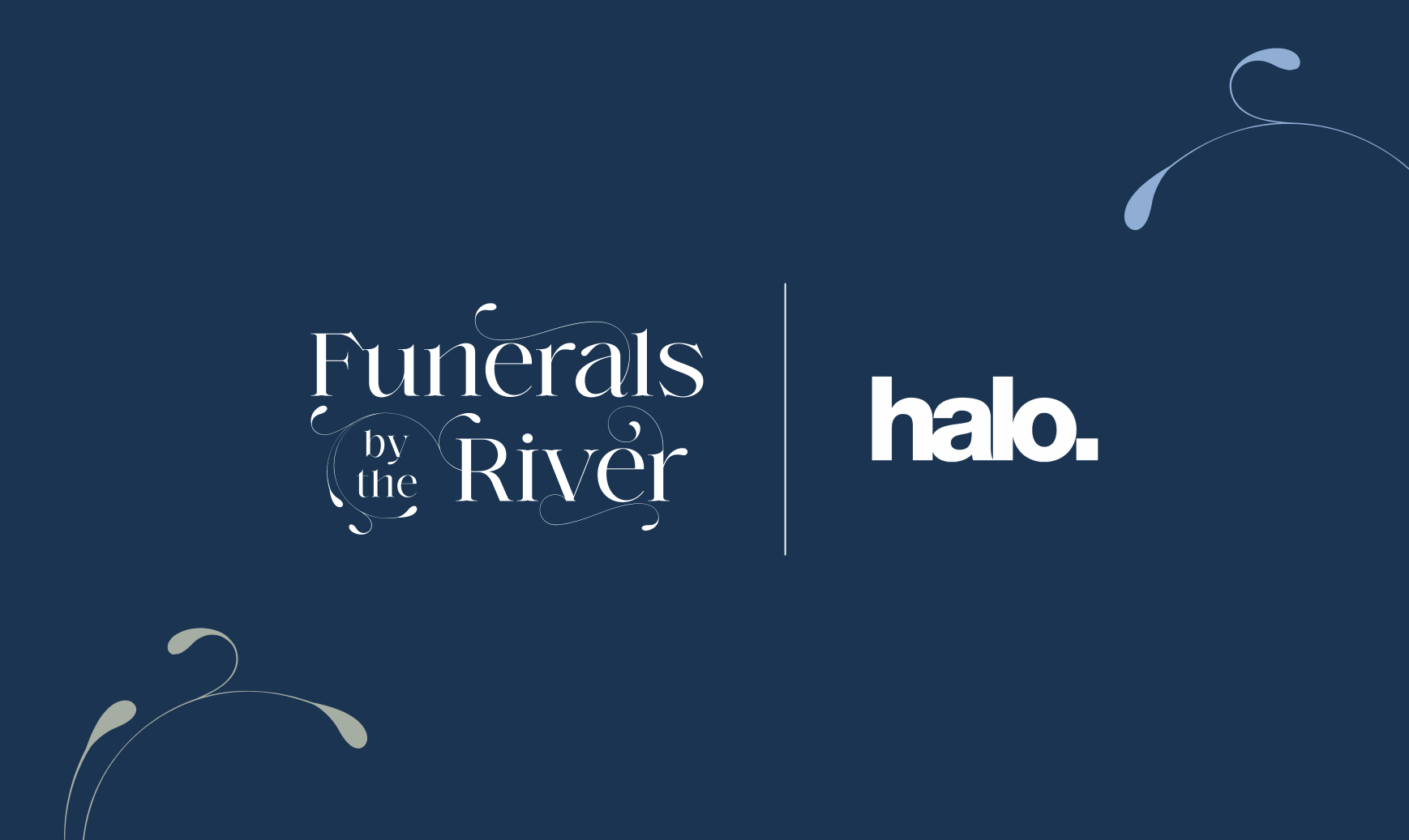 Funerals by the river - blog about brochure creationFunerals by the River and Halo logos side by side on a dark blue background with elegant decorative flourishes, representing a partnership or collaboration.