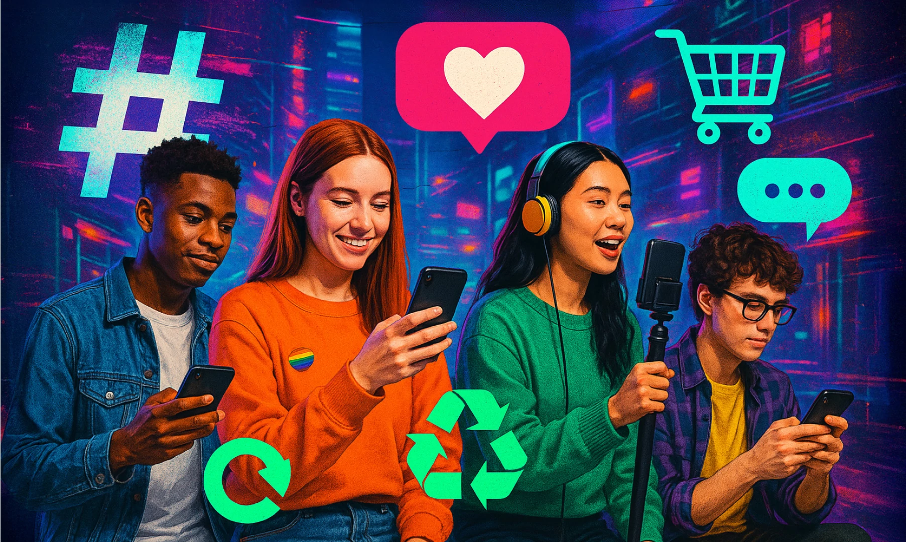 Four young people using their phones, surrounded by social media icons like a shopping cart and hashtags in the background.